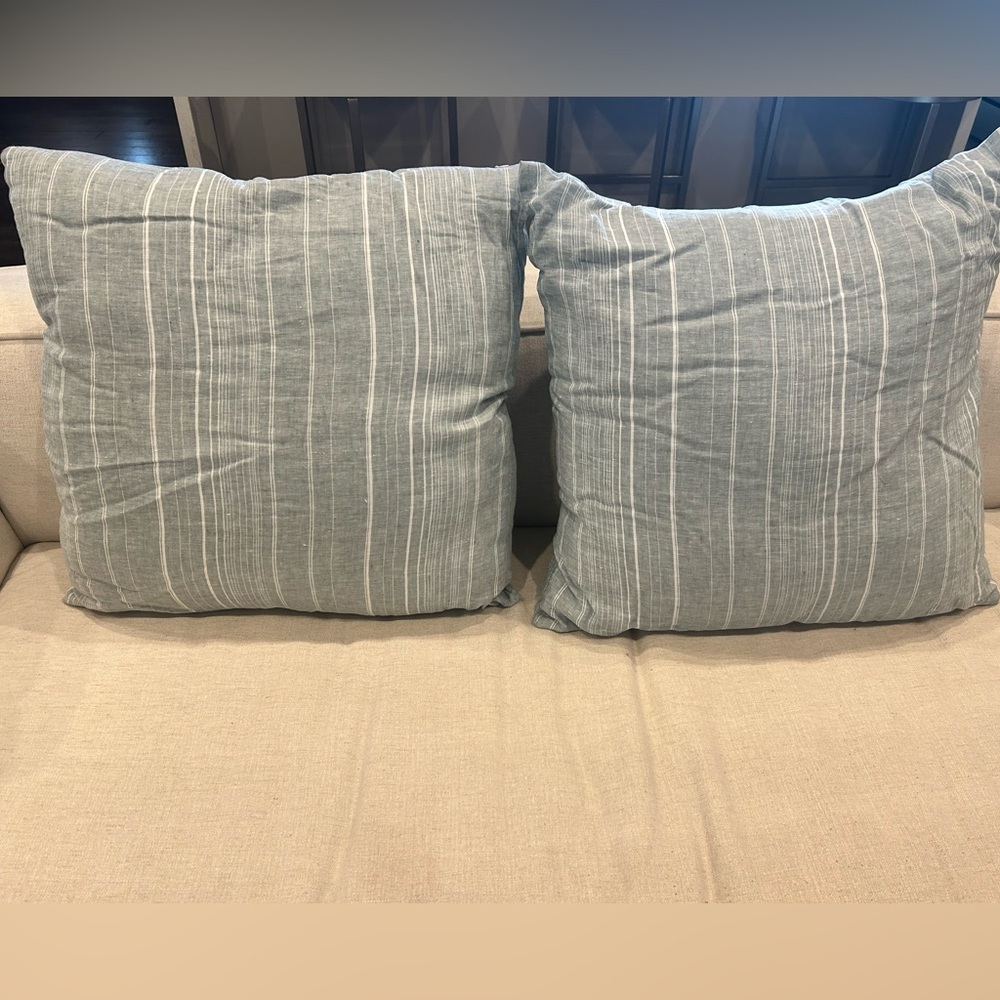 Set of light blue and white throw pillows